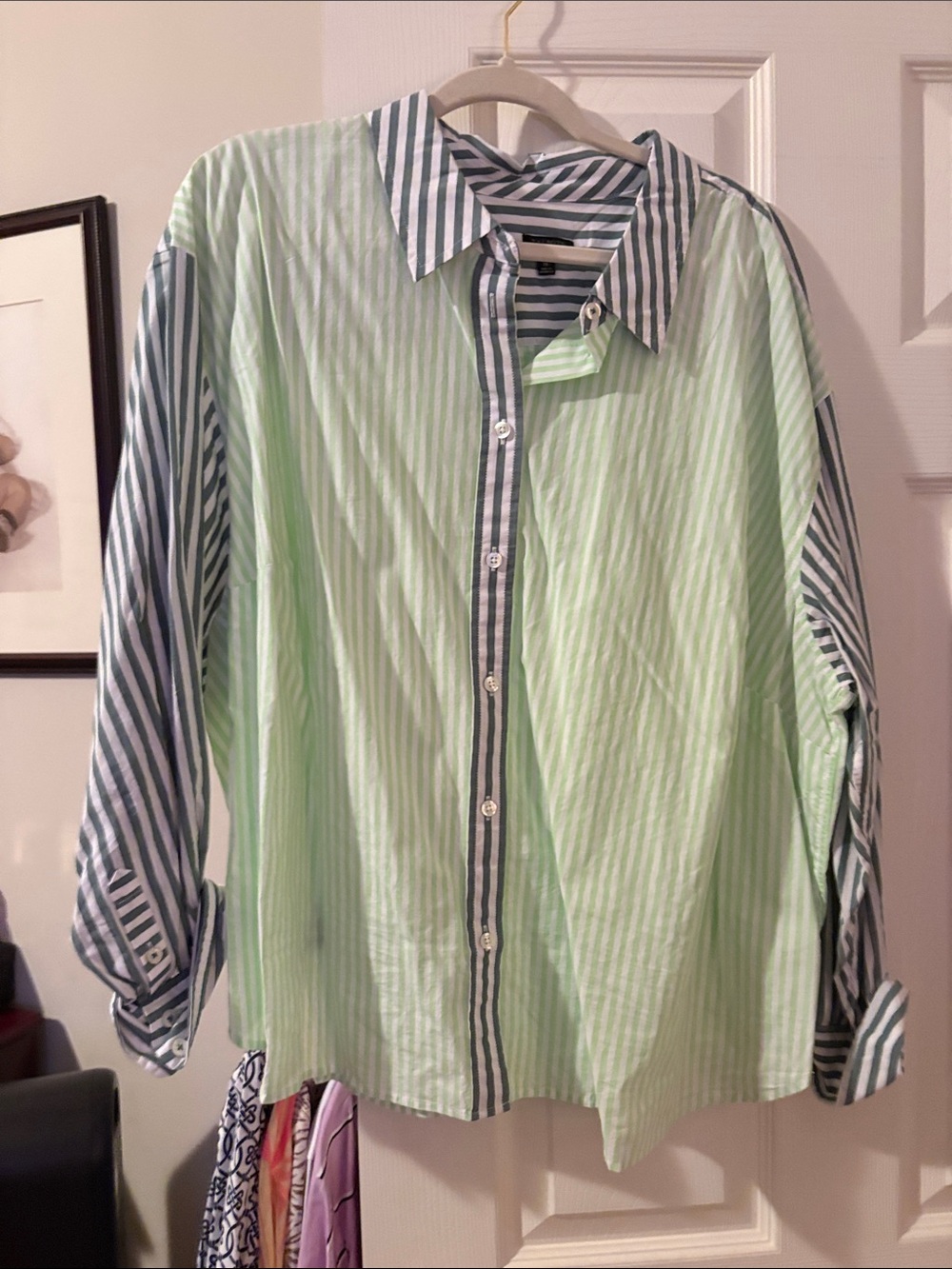 Talbots Striped Button-Front Blouse in Light Green & Dark Green